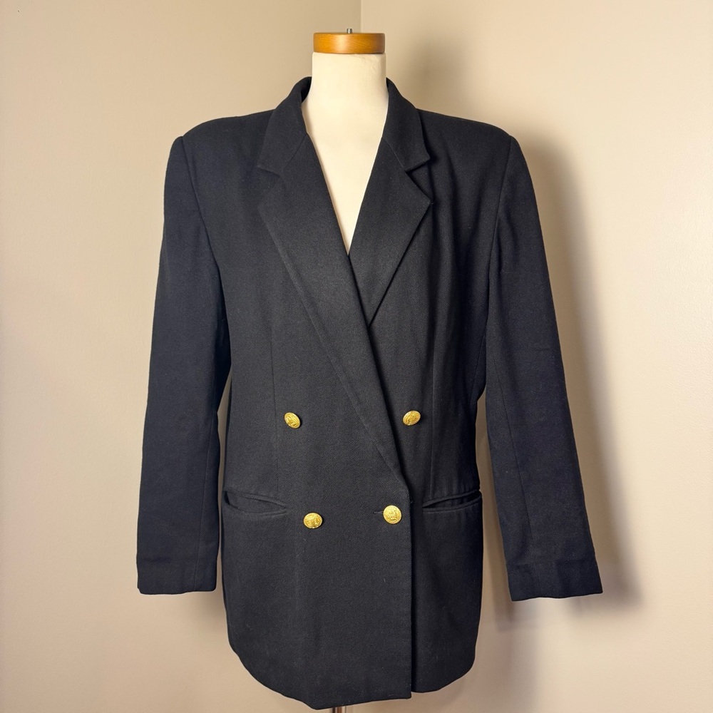 VTG CASABLANCA 80s 100% Wool Classic Double Breasted Blazer BLACK / SIZE 12